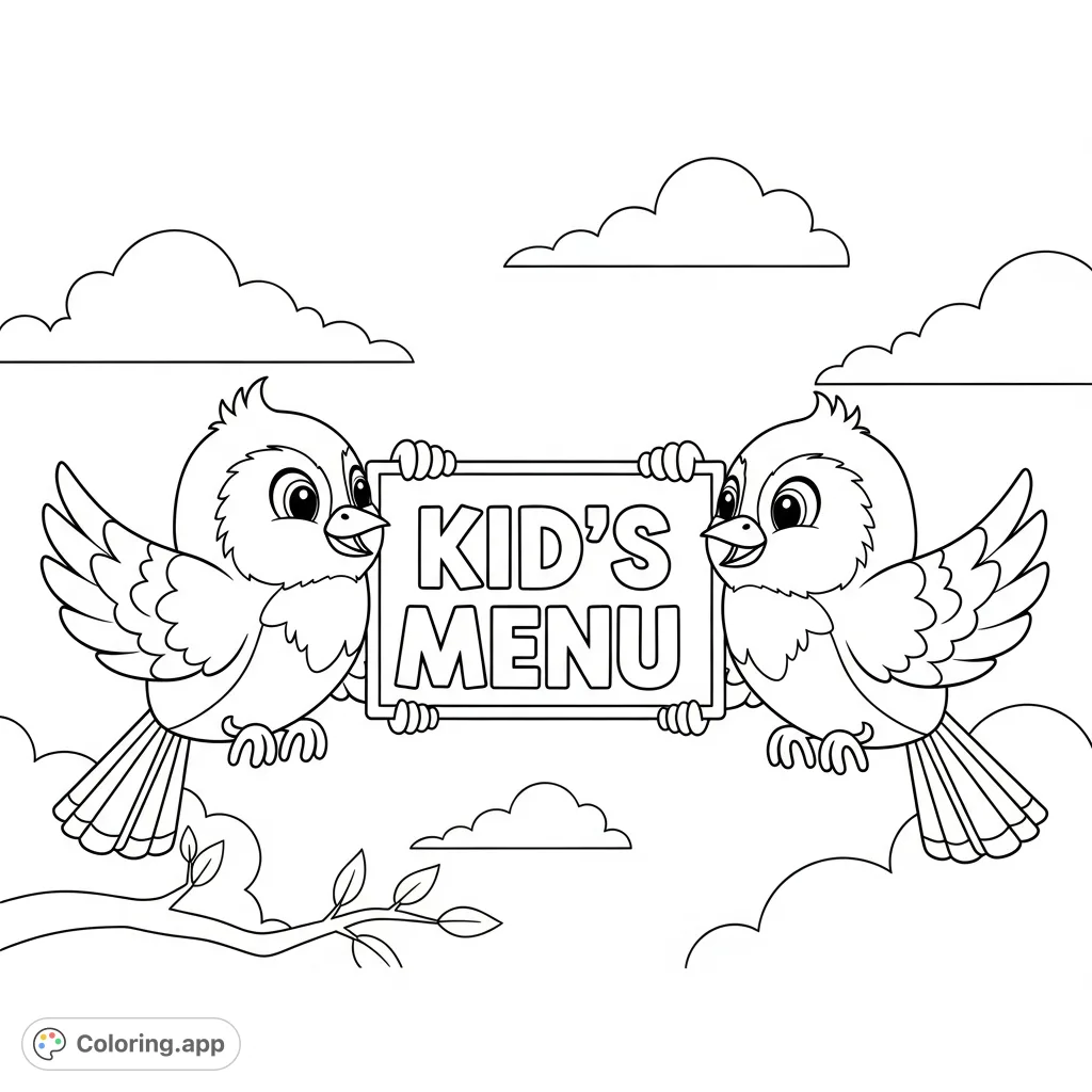 A delightful coloring page featuring two cheerful birds holding a banner with "Kid's Menu" text, set against a simple sky background. Perfect for young colorists.