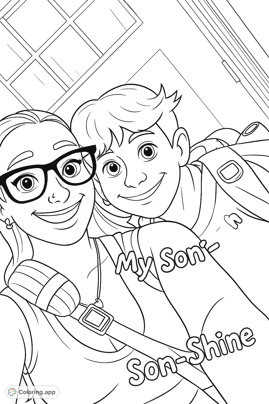 A heartwarming cartoon-style portrait of a smiling woman and a younger person, perfect for celebrating family bonds. Enjoy this free printable coloring page!