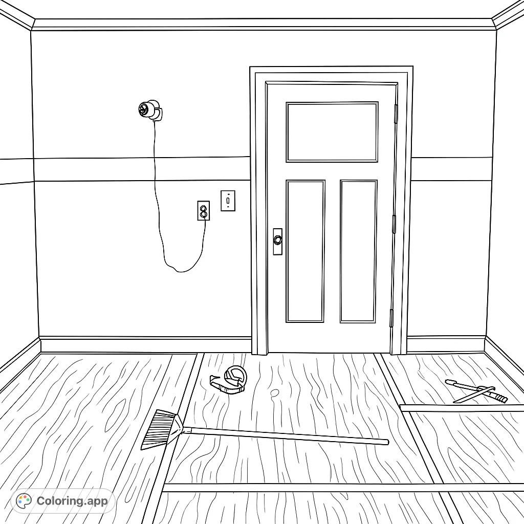 Explore a room undergoing renovation, featuring a classic door, wall moldings, and tools on a plywood floor. Perfect for creative home project visualization.