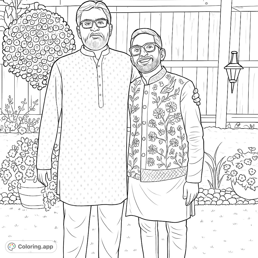Two men in detailed traditional attire stand in a vibrant garden with floral arrangements and a wooden fence, perfect for a cultural celebration coloring page.