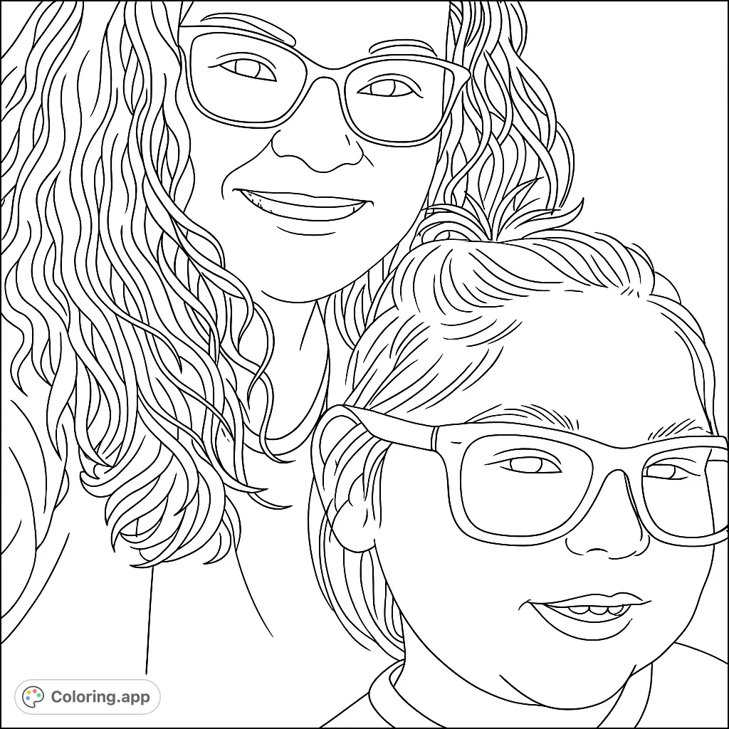 A heartwarming portrait of a smiling adult and child with distinctive glasses and hairstyles. Perfect for expressing family connections through color.