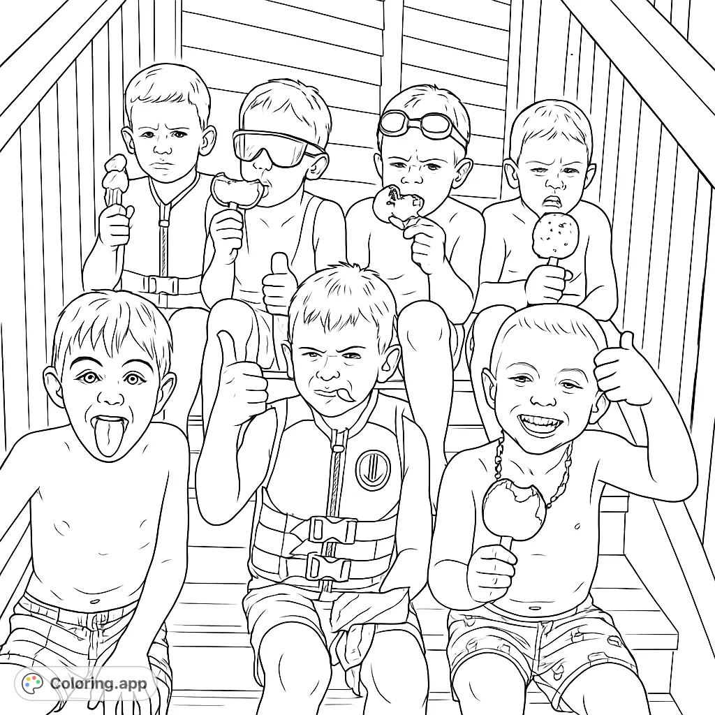 Six playful boys enjoy frozen treats on a sunny day, making funny faces. A delightful summer scene for coloring fun.