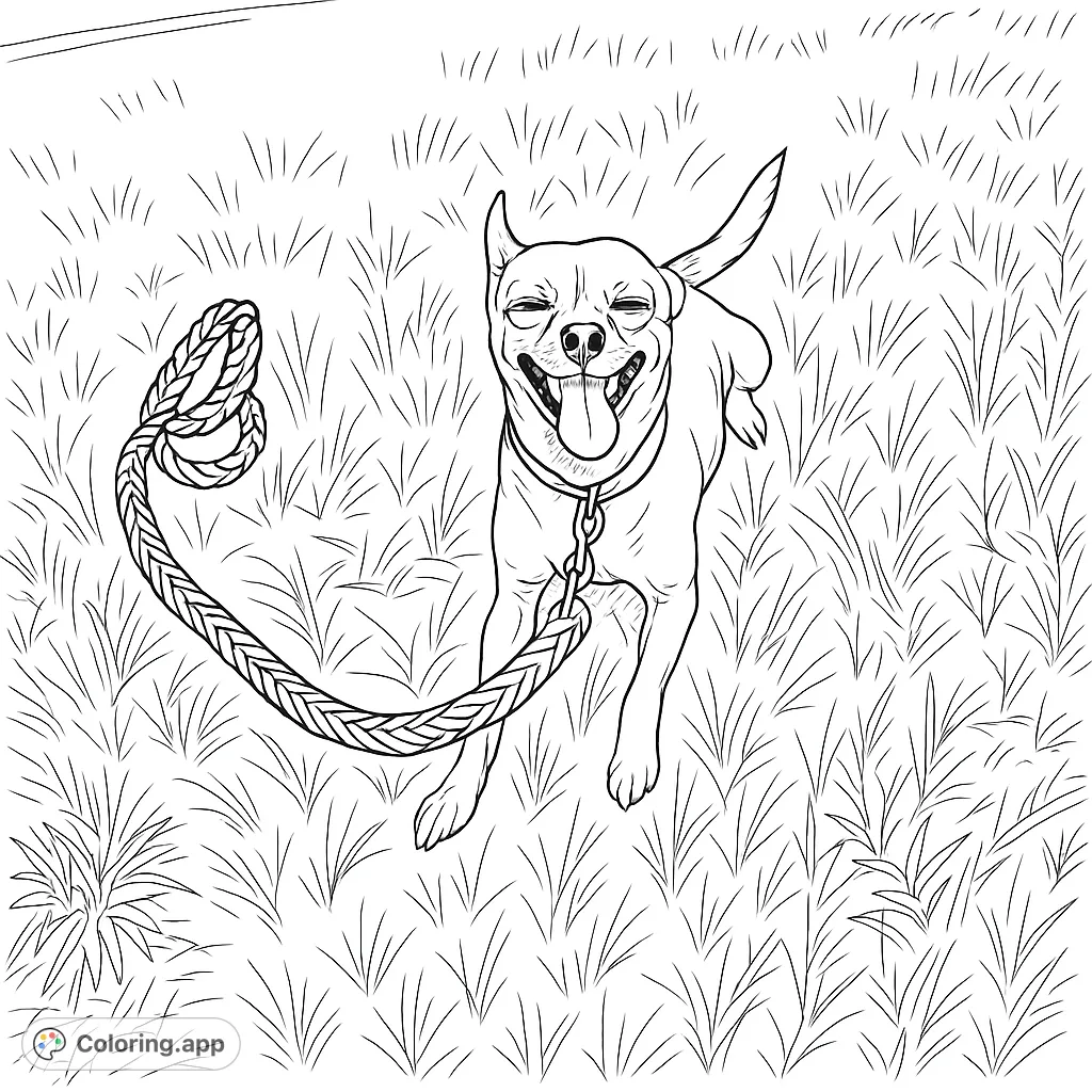 A cheerful dog lies happily on a grassy field with its leash, ready for a fun coloring adventure. Perfect for dog lovers of all ages!