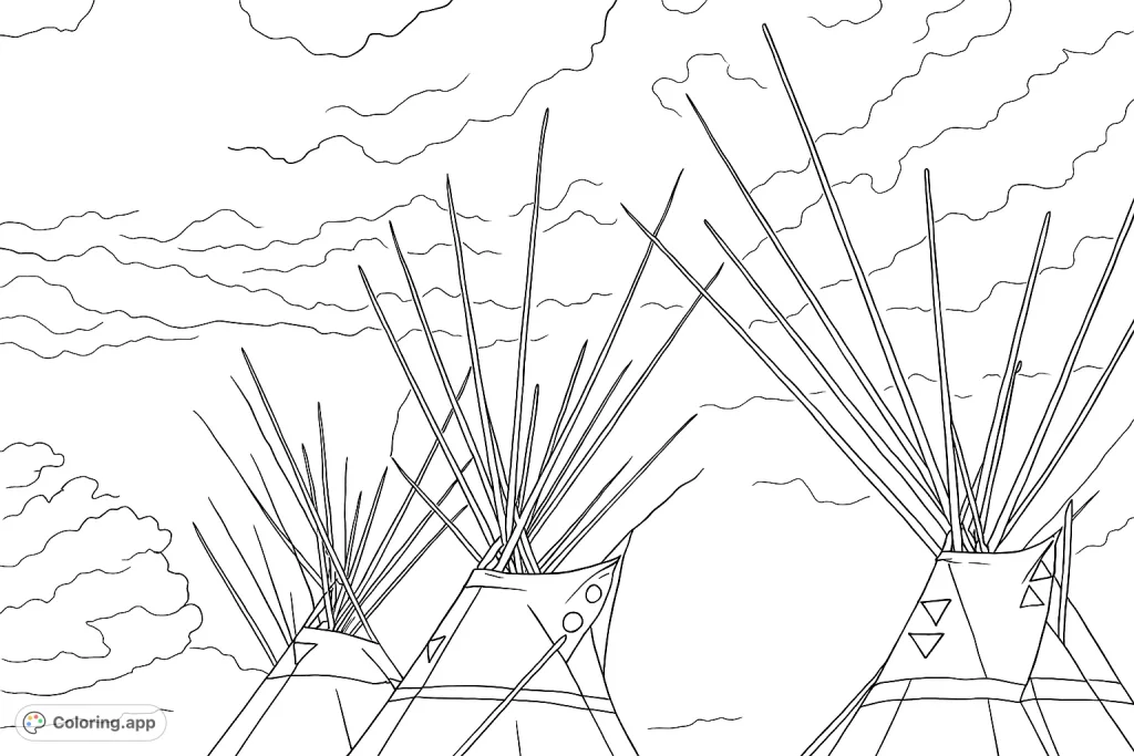Explore a scene of traditional teepees with intricate patterns against a dramatic sky. A cultural journey awaits your creative touch.