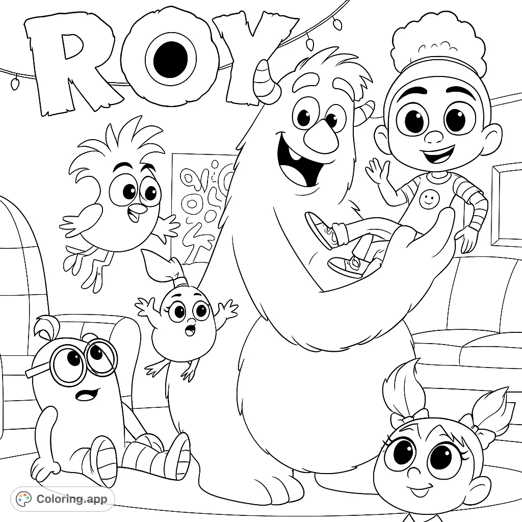 Join a friendly monster and its diverse group of whimsical creature friends, along with a child, in a playful scene perfect for imaginative coloring fun.