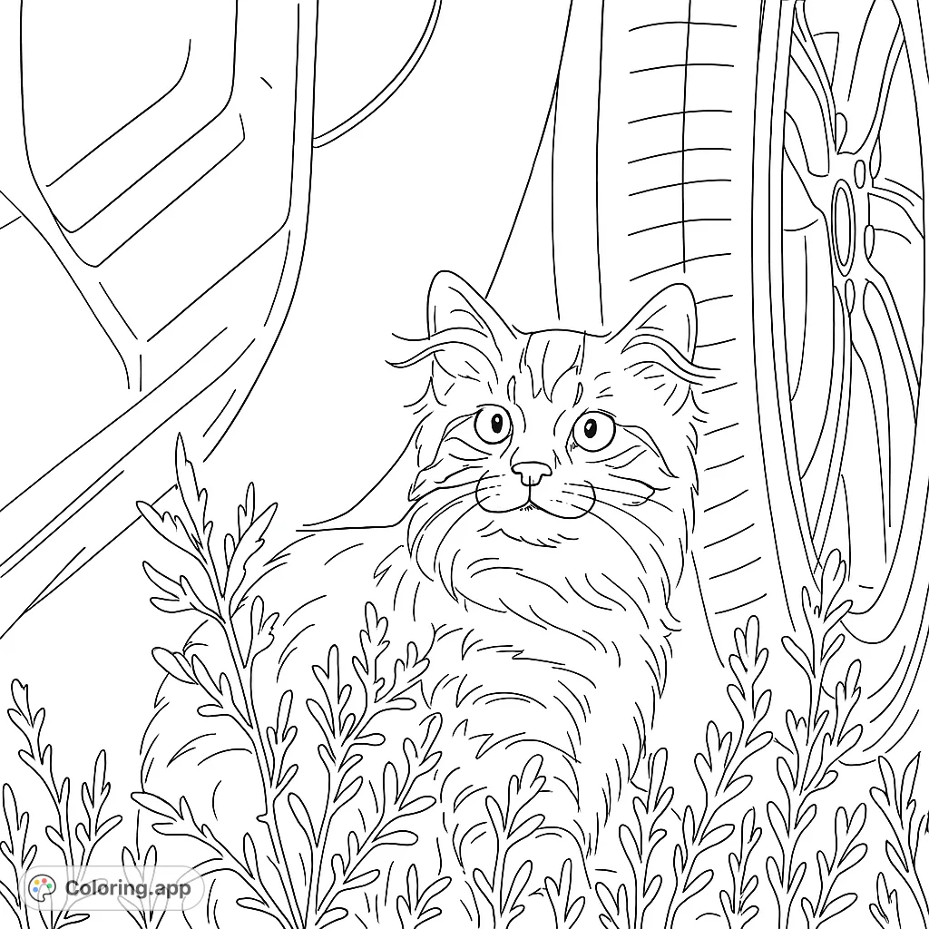 A fluffy, curious cat peeks from behind lush plants next to a vehicle, ready for a playful coloring adventure. A charming free printable cat coloring page.