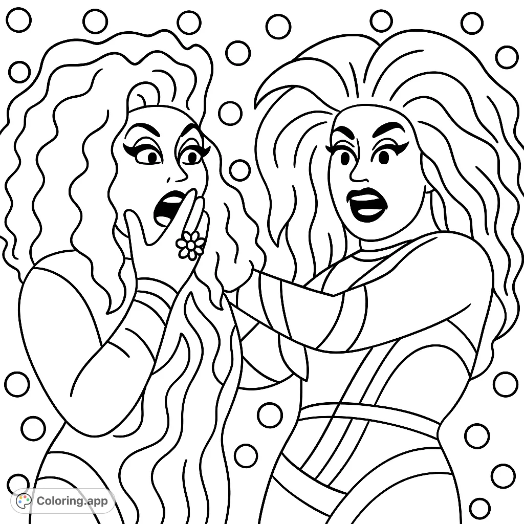 Dive into a whimsical world with this fabulous performers coloring page! Featuring two expressive figures with bold outlines and a playful polka dot background, it's a free printable coloring page for adults.