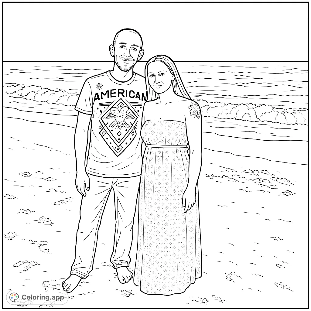 A loving couple stands on a sandy beach with ocean waves in the background, perfect for a romantic coloring escape.