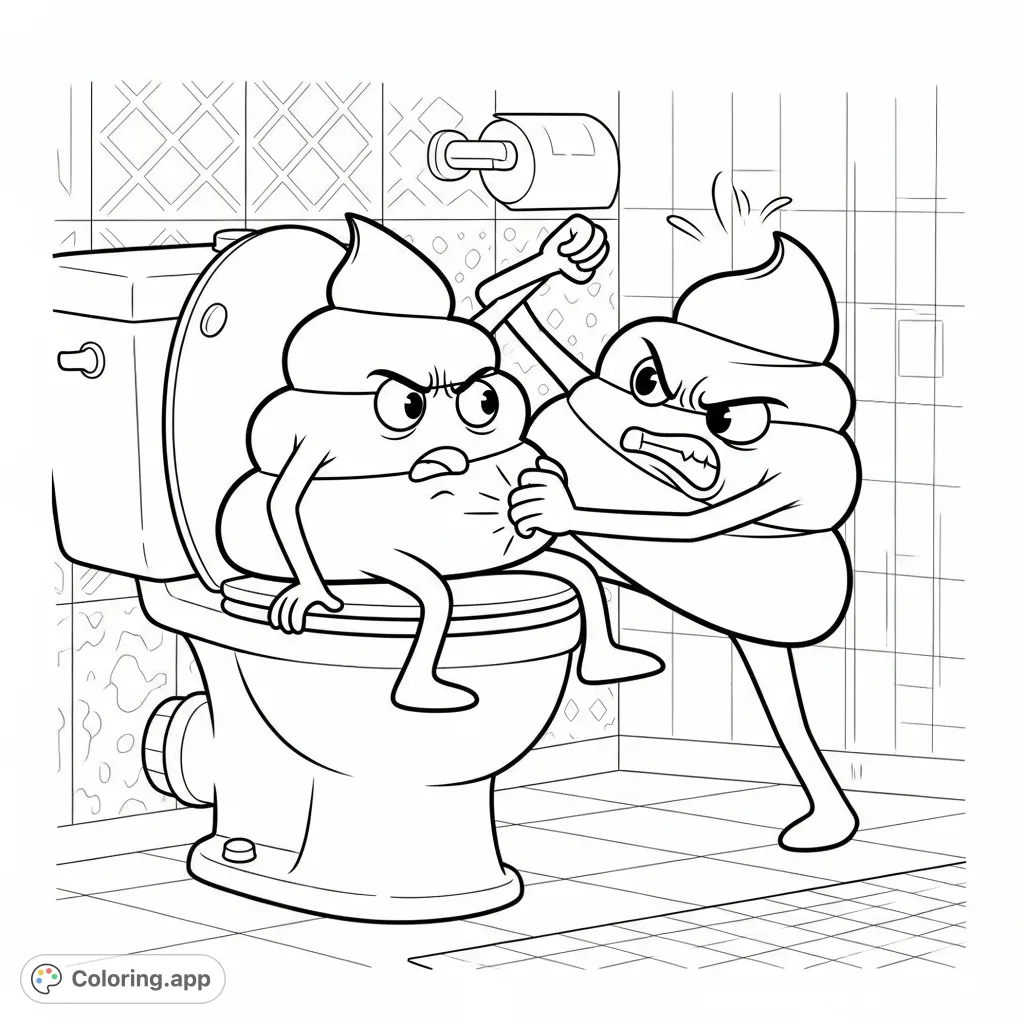 A humorous scene depicting two anthropomorphic poop characters engaged in a comical battle on a toilet, surrounded by bathroom elements. A unique coloring page.
