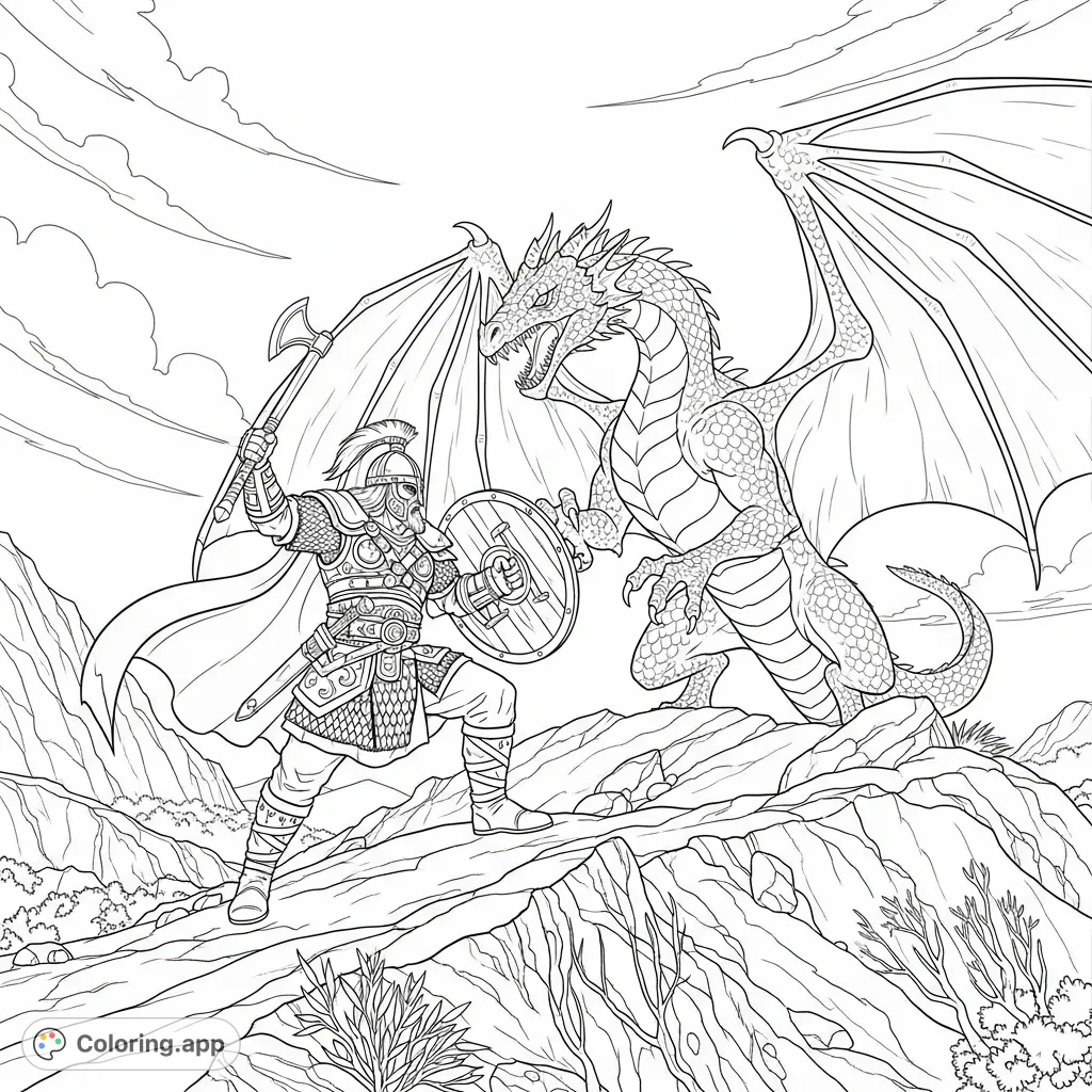 A brave Viking warrior battles a formidable winged dragon atop a rugged hilltop. Epic fantasy scene, perfect for a thrilling coloring adventure.