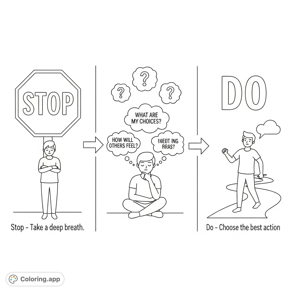 Explore the three essential decision-making steps: Stop, Think, Do. A thoughtful and engaging coloring page for all ages to learn problem-solving.