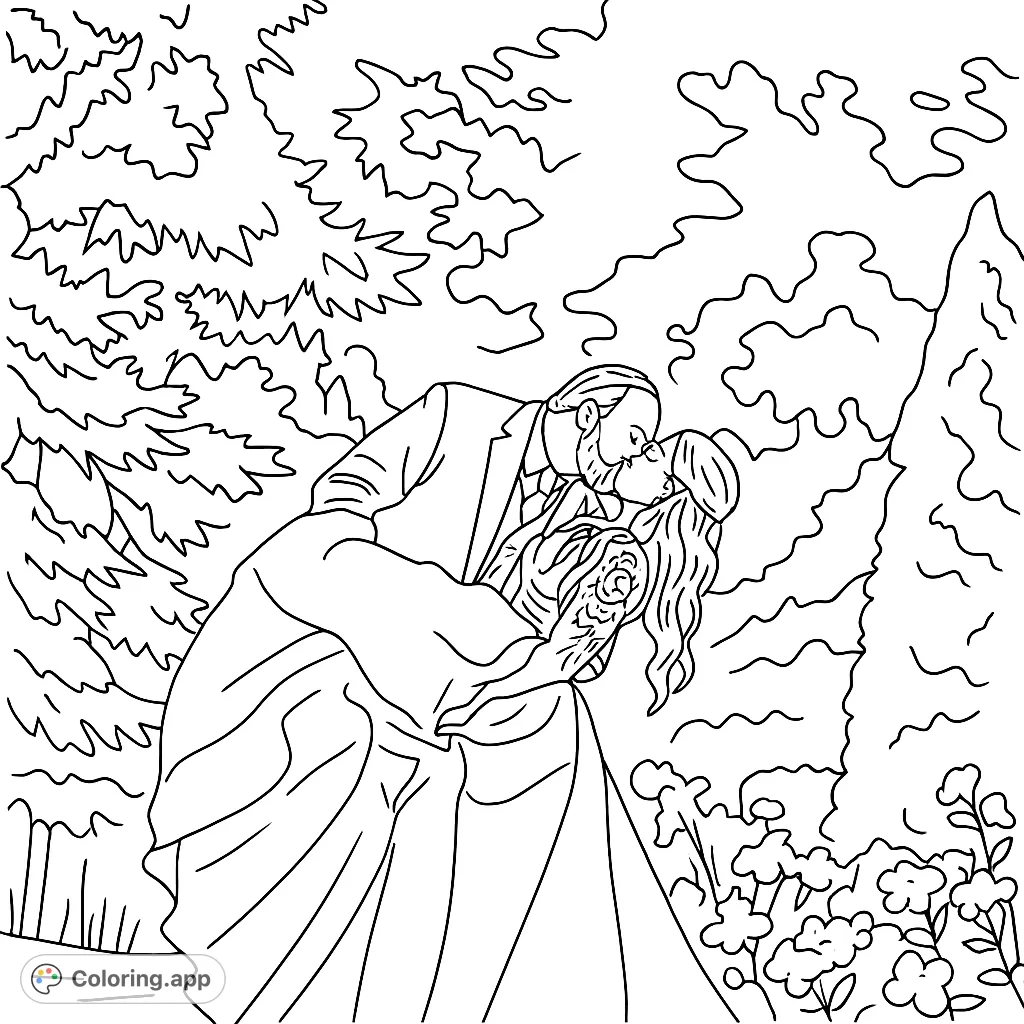 Capture a moment of pure romance with this wedding couple coloring page. Features a loving embrace, flowing gown, and natural outdoor setting.