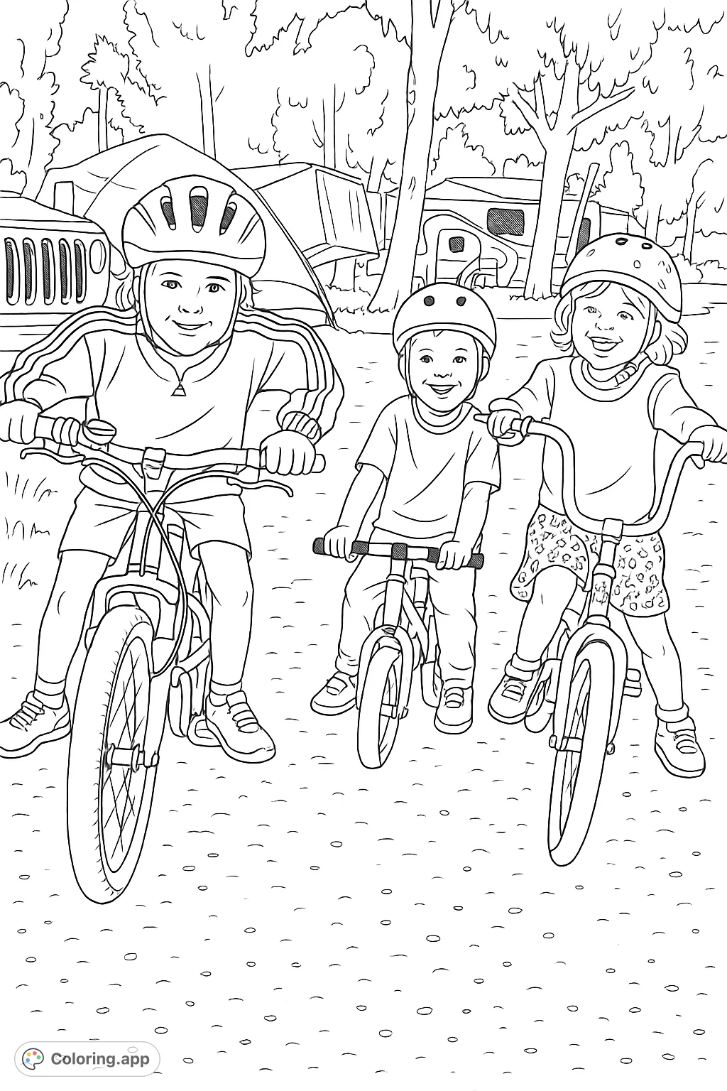 Join three happy children on their bikes for a fun camping adventure! This free printable coloring page captures outdoor joy and friendship.