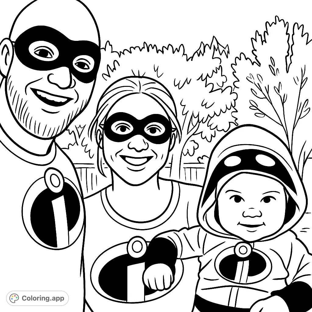 Join this super family in their heroic costumes! A fun, cartoony coloring page featuring a dad, mom, and baby ready for adventure. Perfect for all ages.