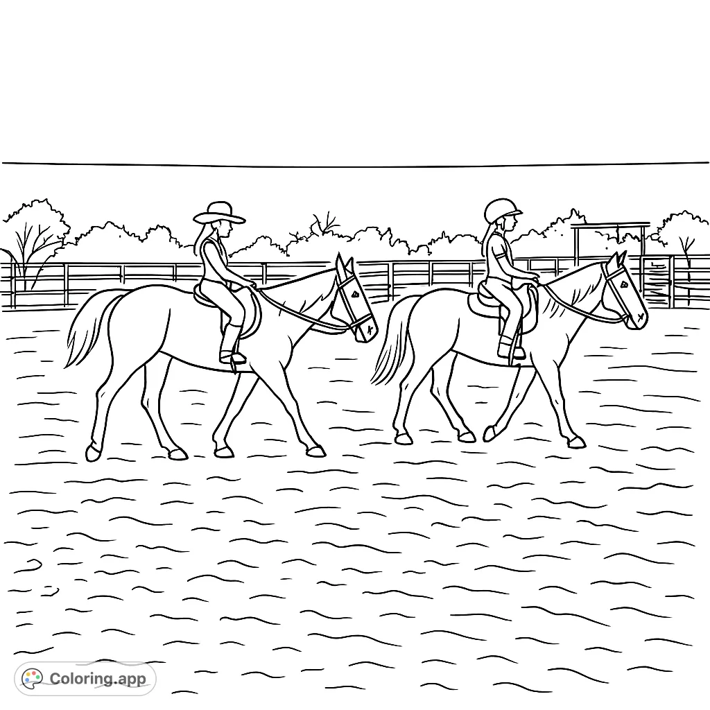 Two children enjoy a horseback ride in an arena, perfect for young equestrians to color and imagine their own adventures.