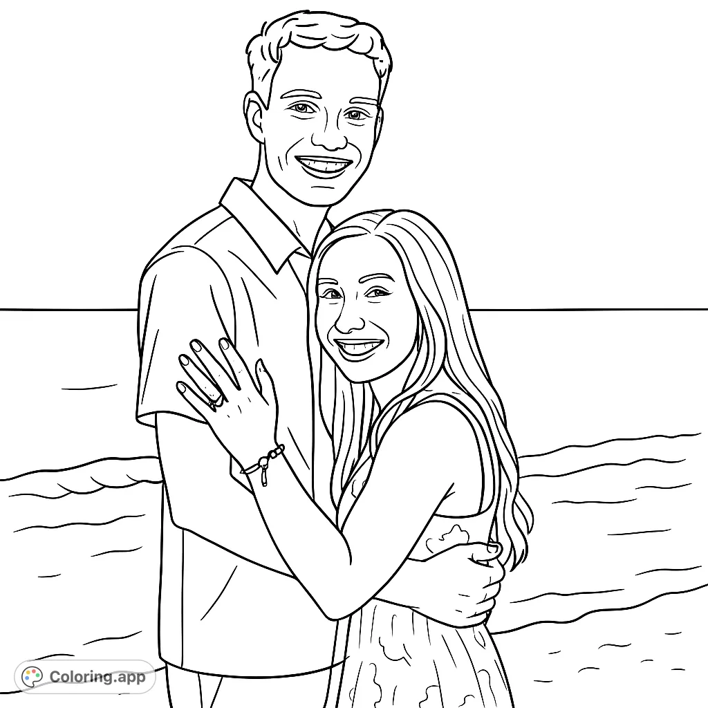 Capture a moment of joy with this romantic beach couple coloring page. Perfect for celebrating love and connection by the ocean.