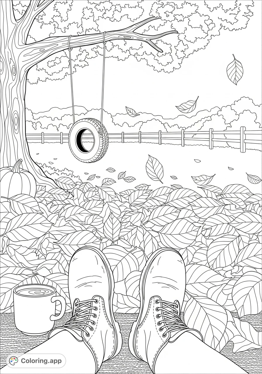 Step into a serene fall yard scene featuring boots, a coffee mug, and a tire swing amidst scattered leaves. A perfect autumn coloring page.