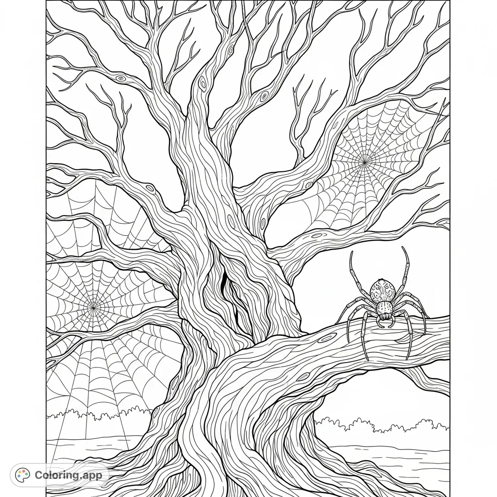 A spooky Halloween coloring page featuring a gnarled tree with a detailed spider and its intricate web, perfect for a creepy creative session.