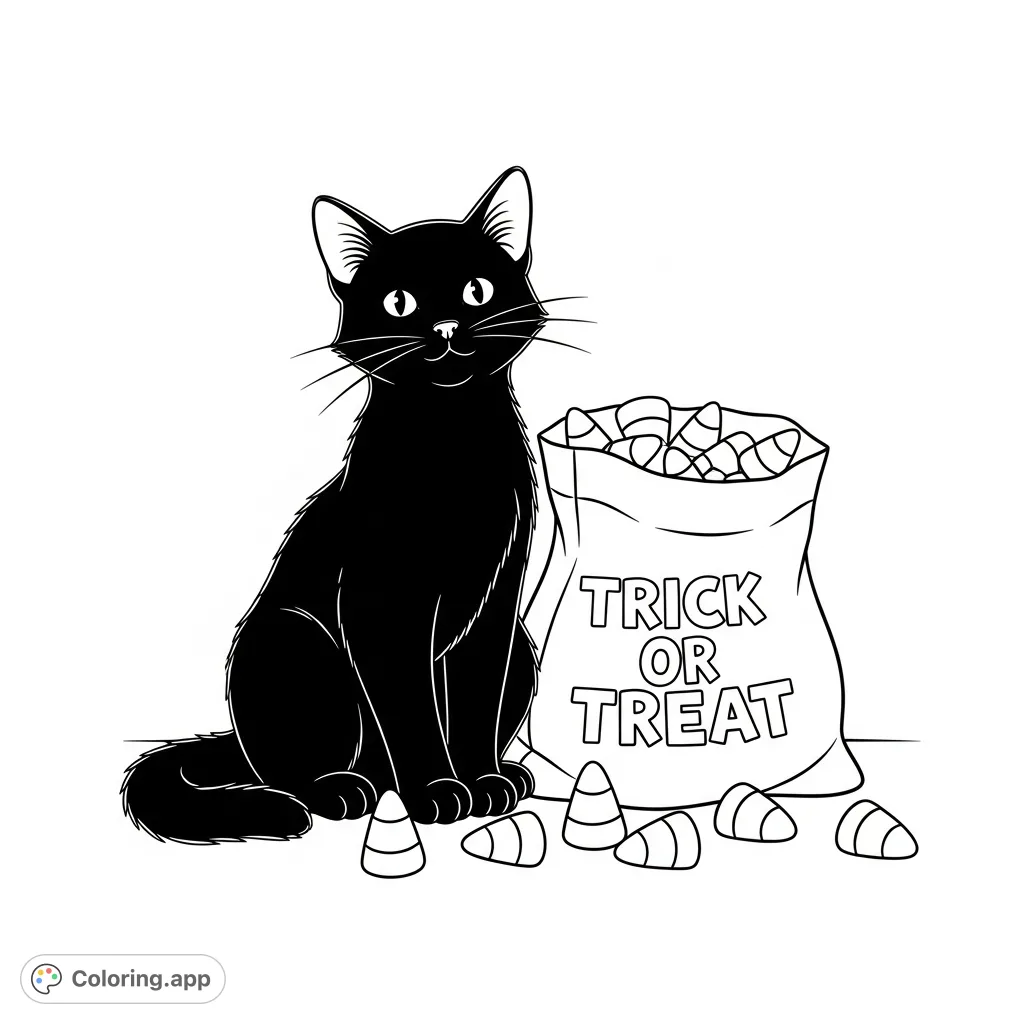 A charming Halloween black cat sits beside a candy bag overflowing with delicious candy corn, ready for a festive coloring adventure.
