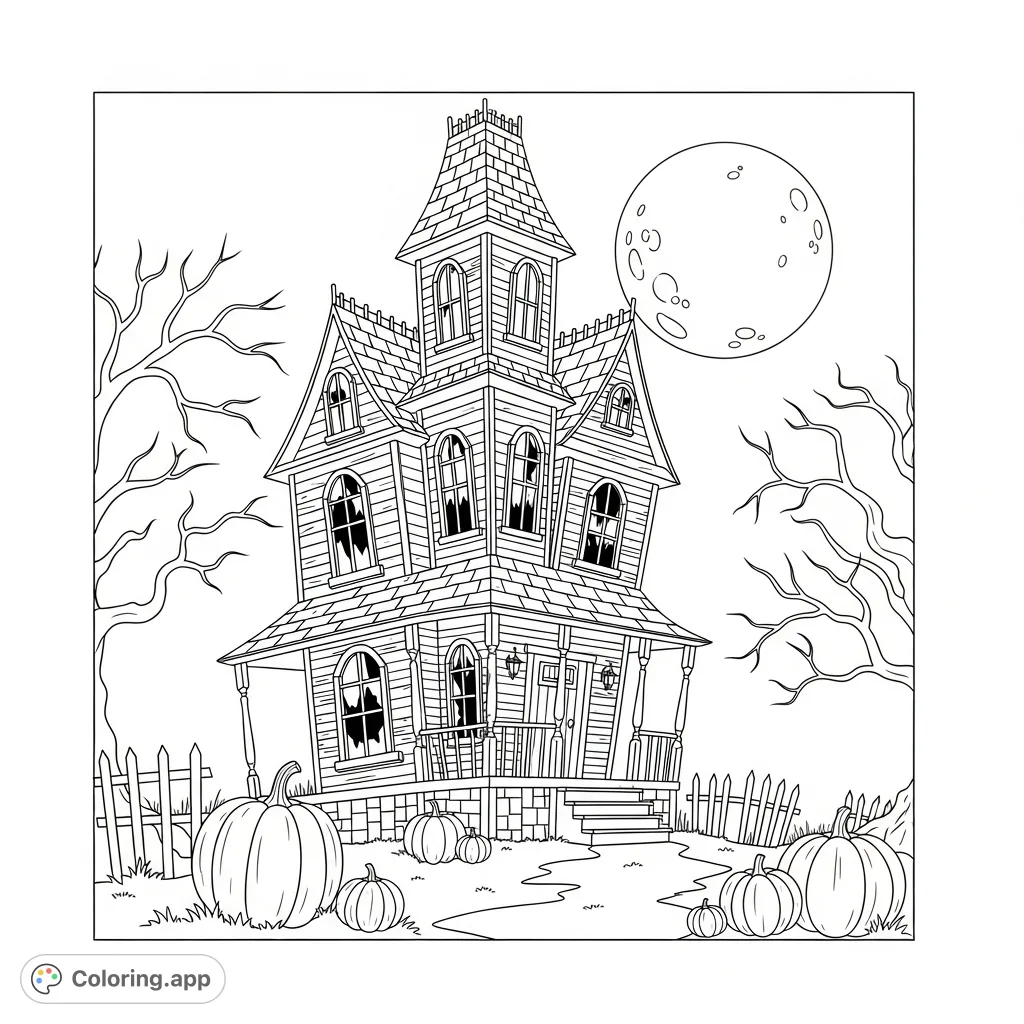 Explore a classic Halloween scene featuring a spooky house, a glowing moon, and scattered pumpkins. Perfect for a fun and eerie coloring adventure.