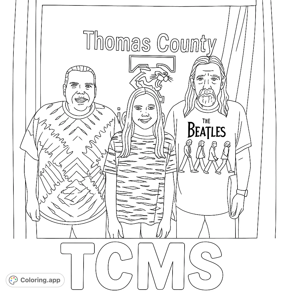 A heartwarming group portrait featuring three individuals against a banner, perfect for personalizing with your favorite shades. A unique family coloring page.