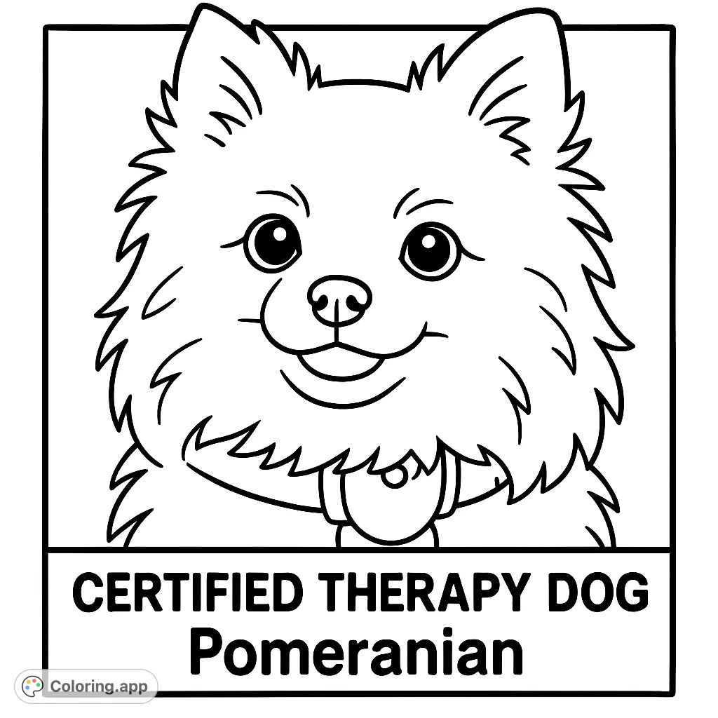 A charming coloring page featuring a fluffy Pomeranian dog wearing a harness, ready for a creative touch. Perfect for dog lovers!