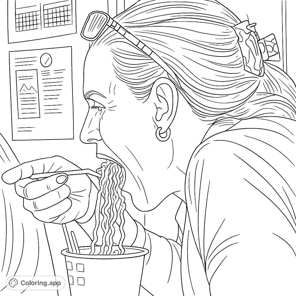 Capture the humorous moment of a person enthusiastically enjoying a cup of noodles. A fun and relatable scene for all ages to color.