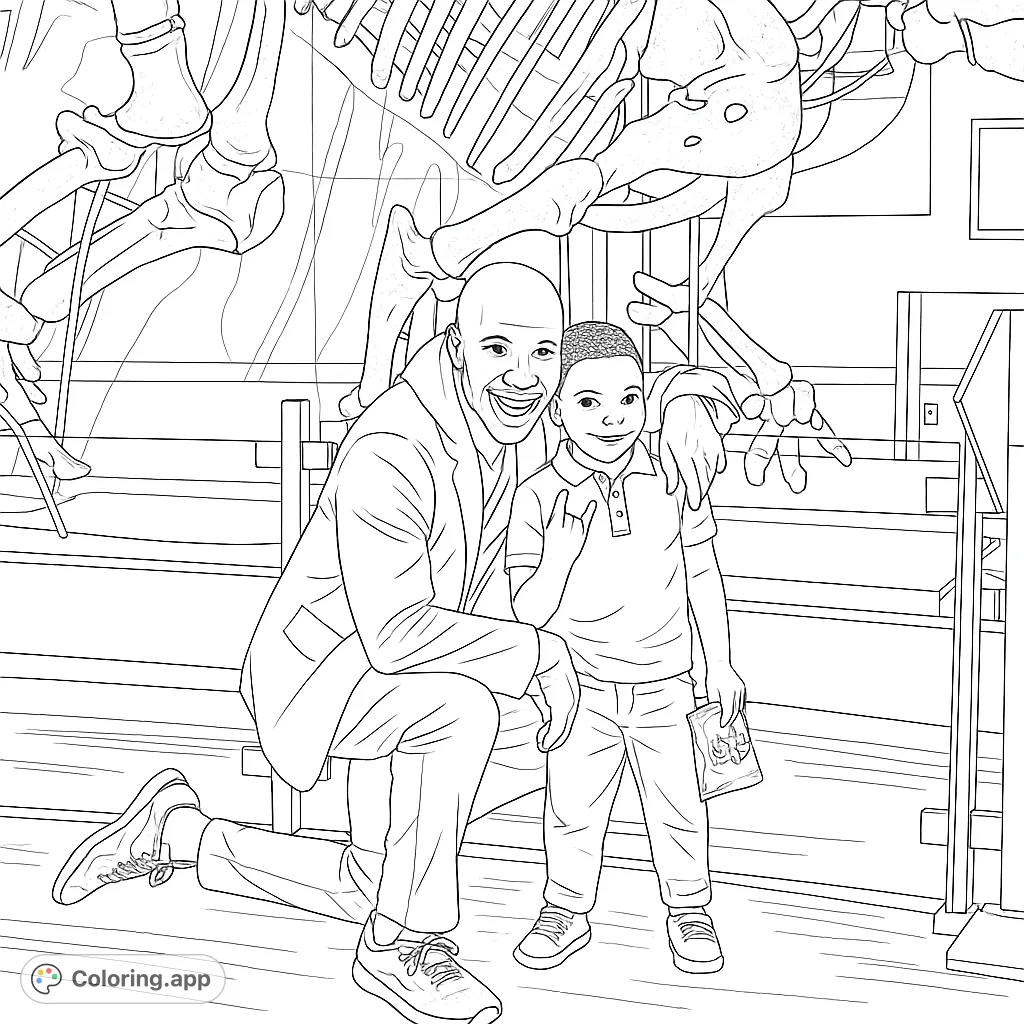 Explore a museum scene with a man, a boy, and a grand dinosaur skeleton. A detailed and engaging coloring page for all ages.