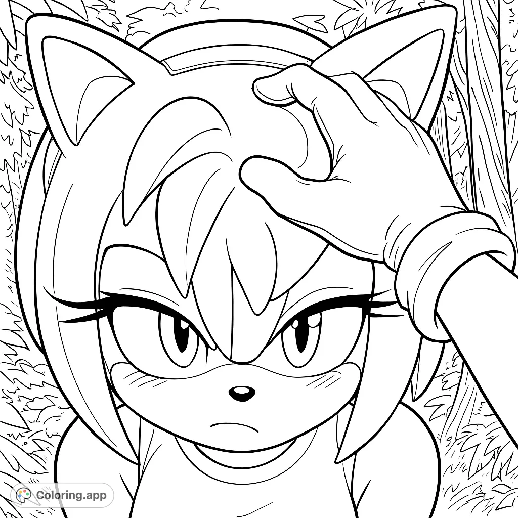 A heartwarming Amy Rose coloring page featuring a gentle head pat in a serene forest. Perfect for fans of the iconic character.