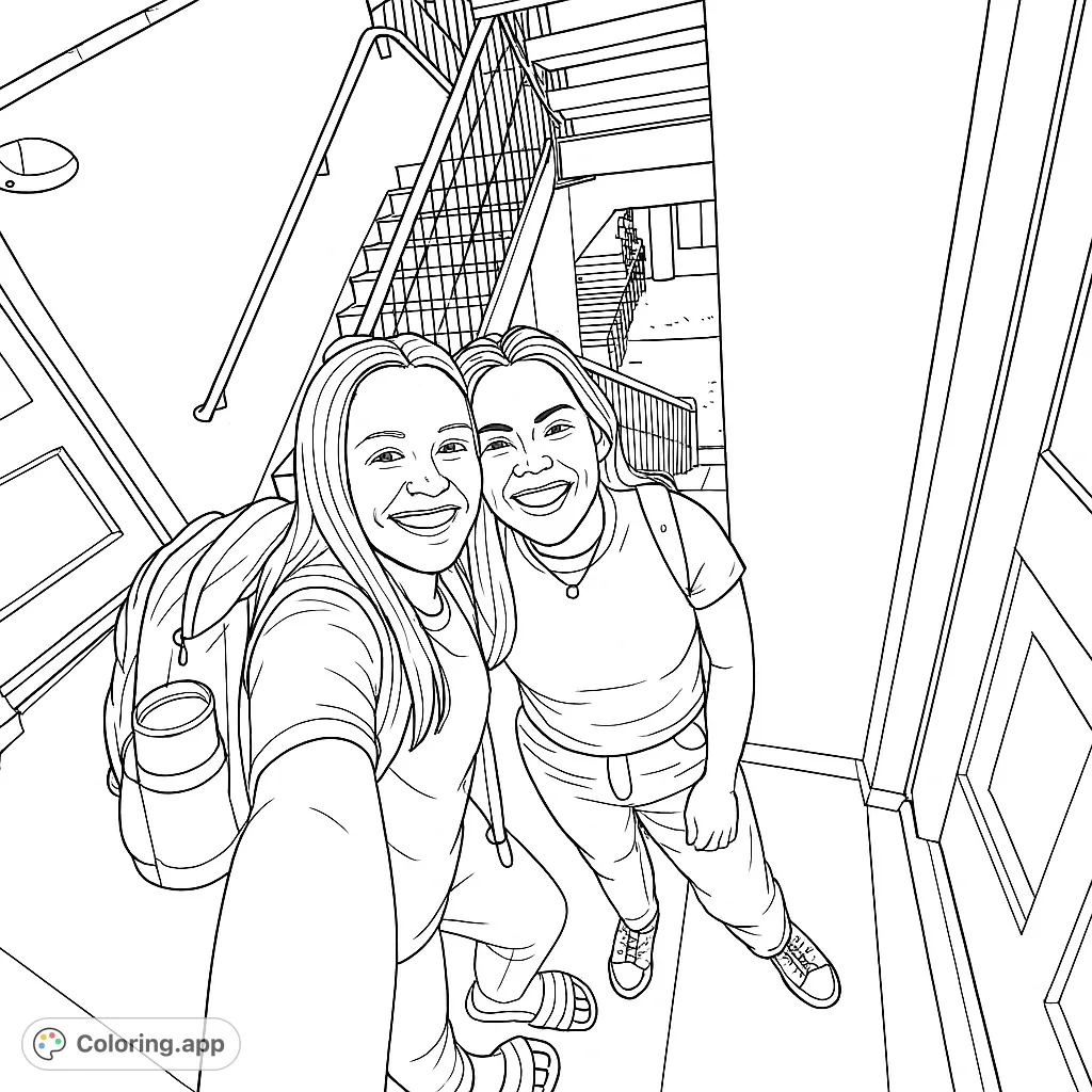 A cheerful coloring page featuring two friends posing for a selfie in an outdoor setting with a staircase and textured walls. Perfect for personalizing.