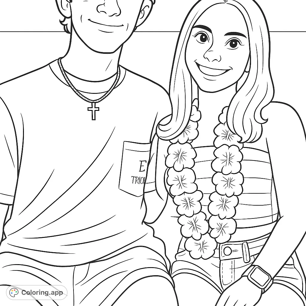 A cheerful young couple, one wearing a floral lei, smiles brightly. Perfect for a relaxing coloring session, capturing a moment of joy and connection.