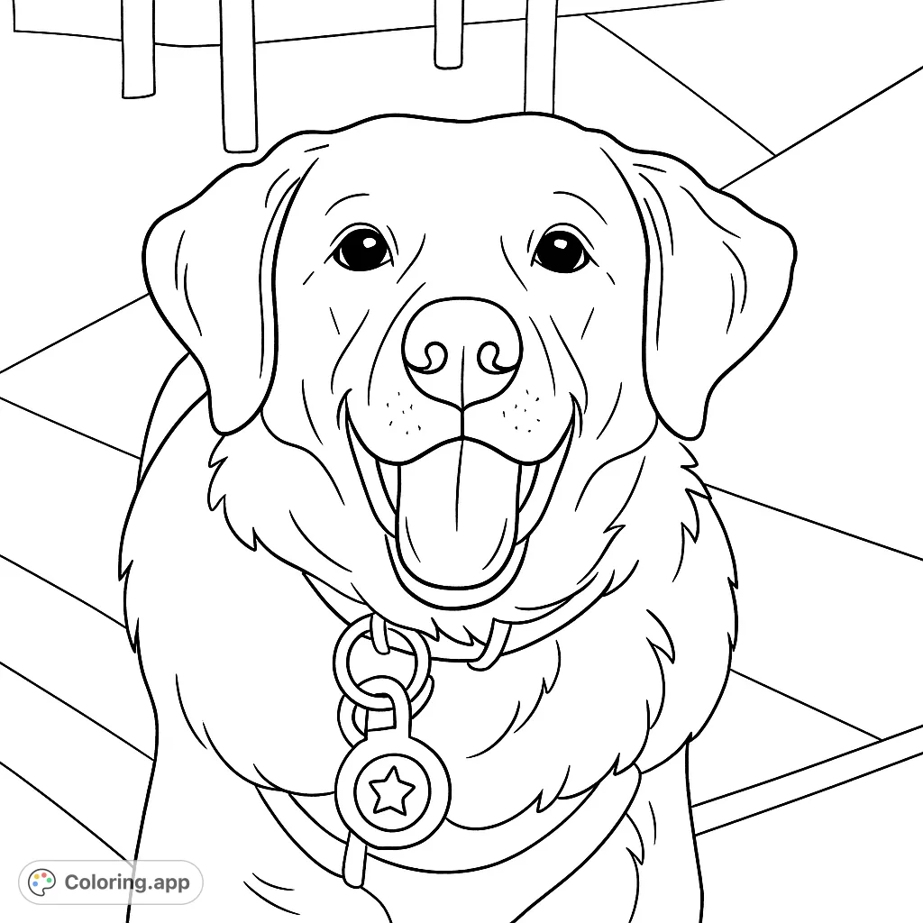 A cheerful dog with a wide smile, wearing a collar and tags, ready for a fun coloring adventure. Perfect for pet lovers!