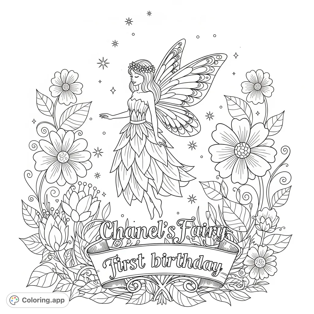 A magical fairy with delicate wings celebrates "Chanel's fairy first birthday" amidst whimsical flowers and enchanting garden elements. Perfect for a special day.