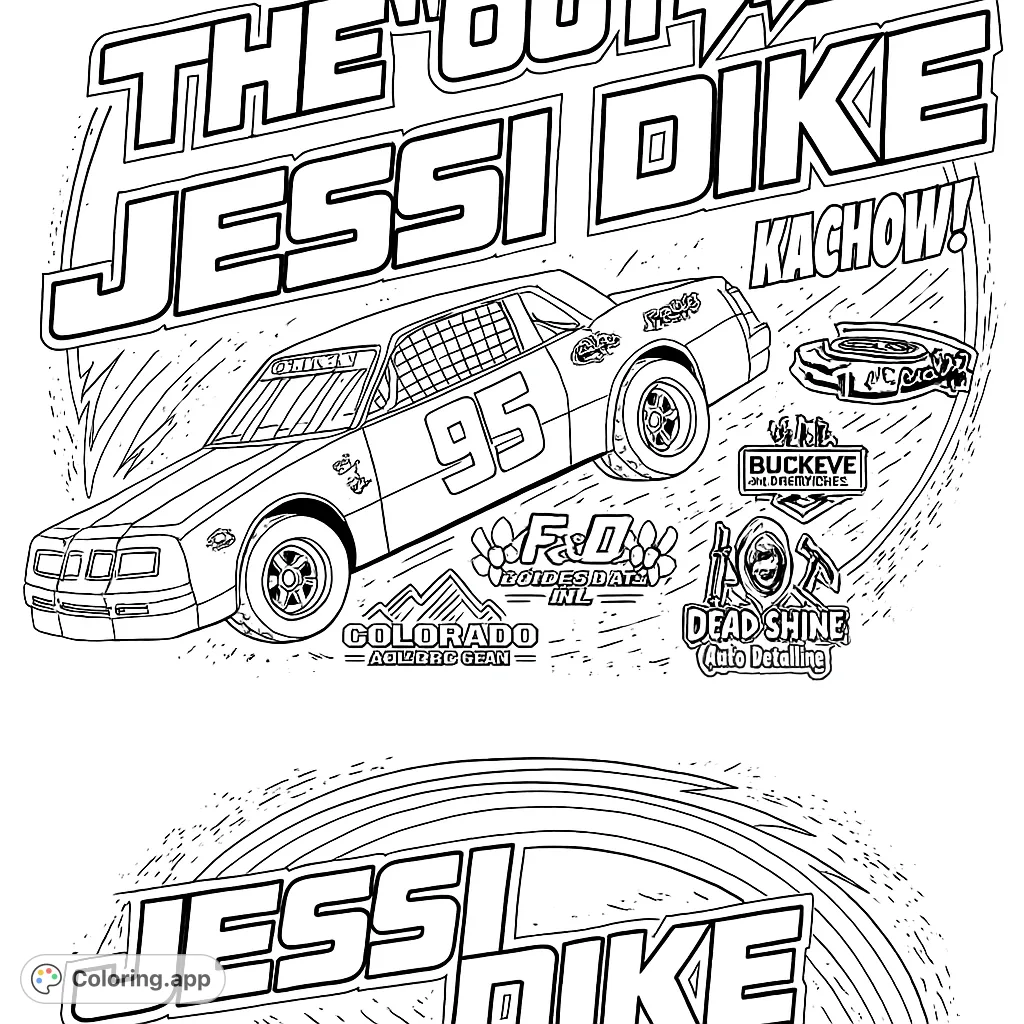 Experience the thrill of the track with this dynamic race car coloring page. Features a powerful stock car, bold text, and energetic background patterns.