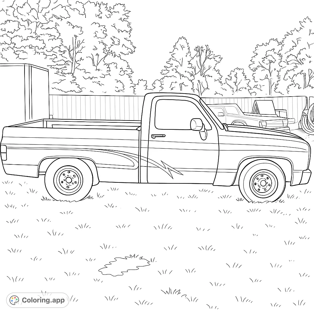 Color a classic pickup truck with custom graphics and a powerful hood scoop, parked on a grassy field. A fun vehicle coloring page for all ages.