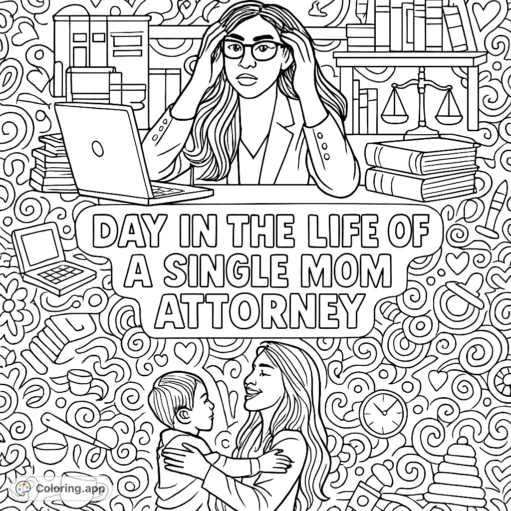 Explore the demanding yet rewarding life of a single mom attorney, balancing a busy office with precious family moments, surrounded by empowering doodles.