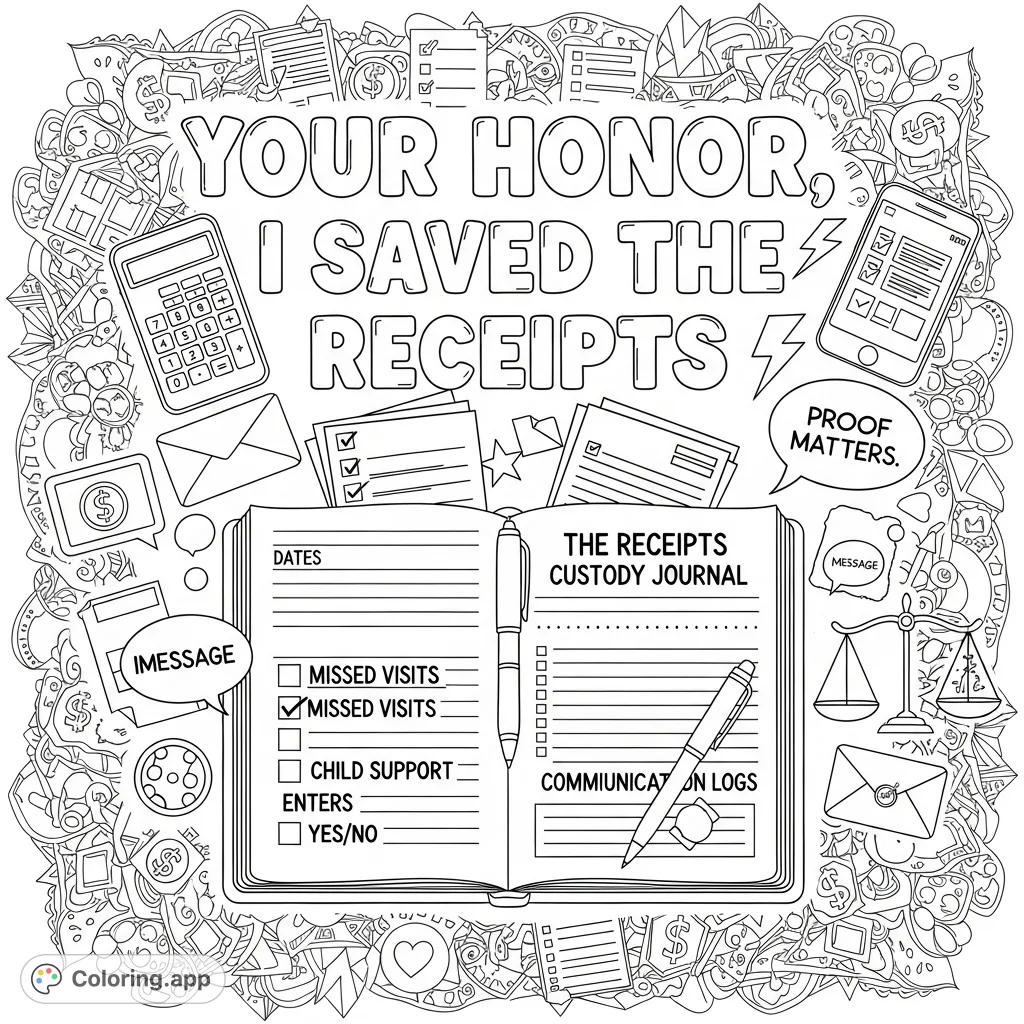 An empowering adult coloring page featuring 'Your Honor, I Saved the Receipts' with a detailed custody journal, legal doodles, and intricate background patterns.
