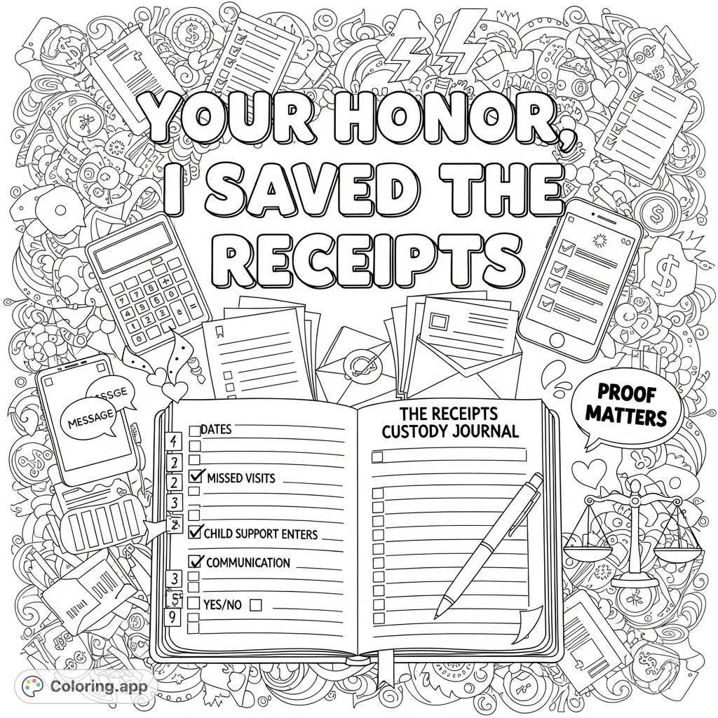 An empowering adult coloring page featuring 'Your Honor, I Saved the Receipts' with a detailed custody journal, legal doodles, and intricate background patterns.
