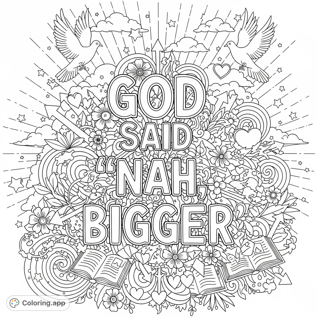 An intricate adult coloring page featuring the empowering phrase "God Said 'Nah, Bigger'" surrounded by a detailed doodle background of light beams, stars, flowers, and mandalas.