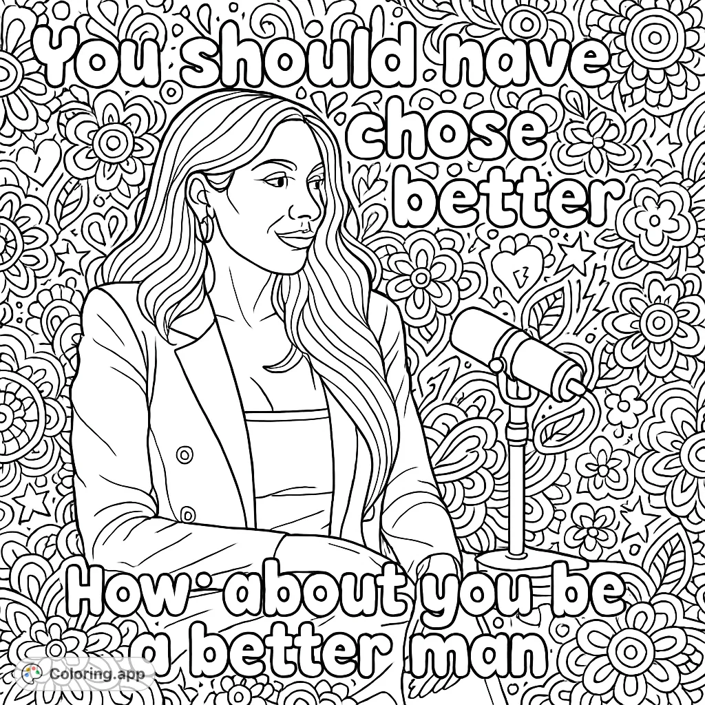An empowering woman at a microphone, surrounded by intricate doodles and sassy quotes. A detailed adult coloring page for self-expression and stress relief.