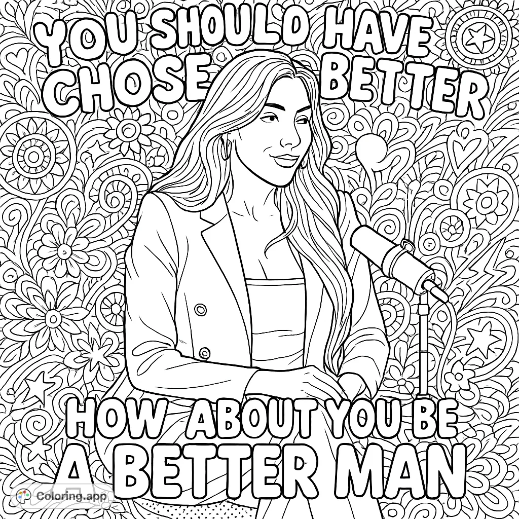 Empowering woman at a microphone with sassy text and intricate doodles. A detailed adult coloring page for stress relief and creative expression.