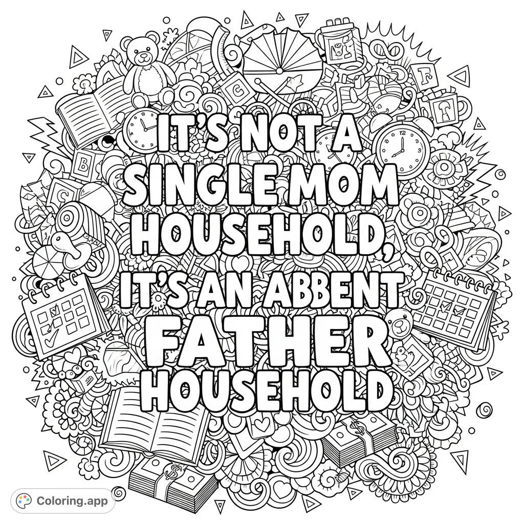 An empowering coloring page featuring the bold statement 'IT'S NOT A SINGLE MOM HOUSEHOLD, IT'S AN ABSENT FATHER HOUSEHOLD' surrounded by intricate doodles.