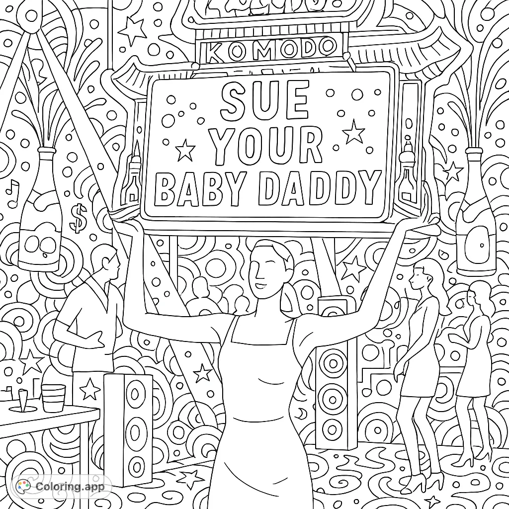An empowering nightclub scene featuring a woman holding a bold 'SUE YOUR BABY DADDY' sign, surrounded by intricate party doodles for a dramatic adult coloring experience.