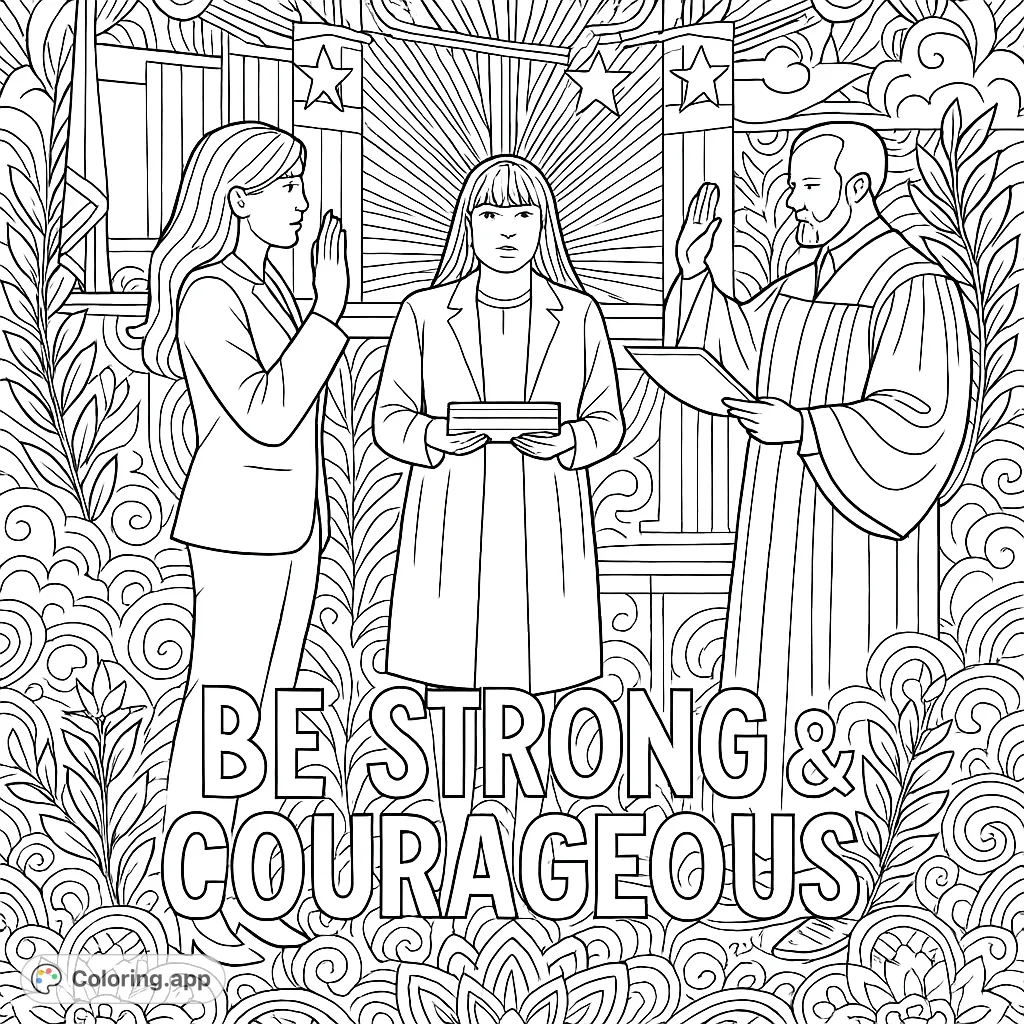 An empowering oath-taking ceremony with intricate patterns and a scriptural verse. A detailed adult coloring page for inspiration and focus.