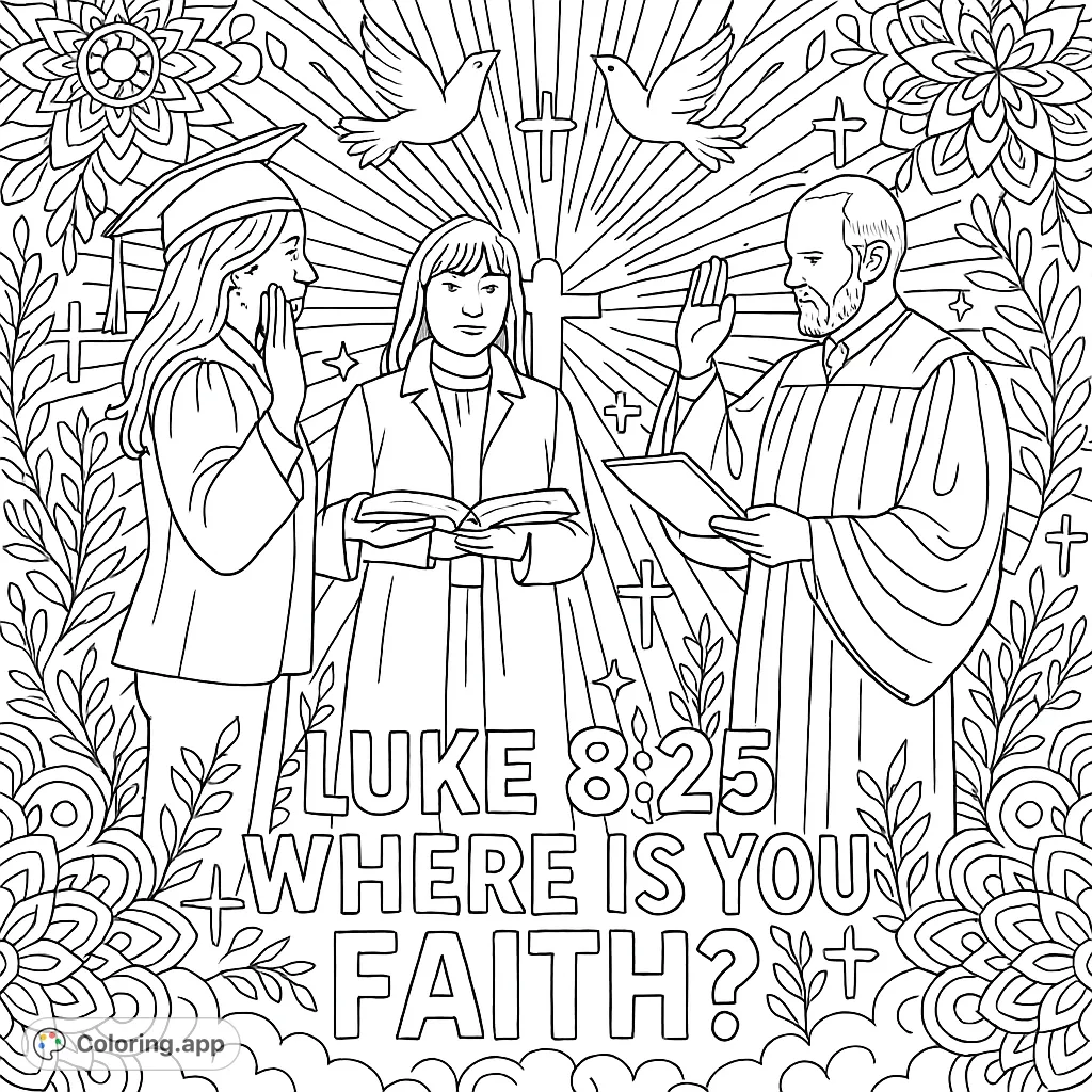 An empowering scene of an oath-taking ceremony, surrounded by intricate spiritual motifs and an inspirational scripture, perfect for adult colorists.