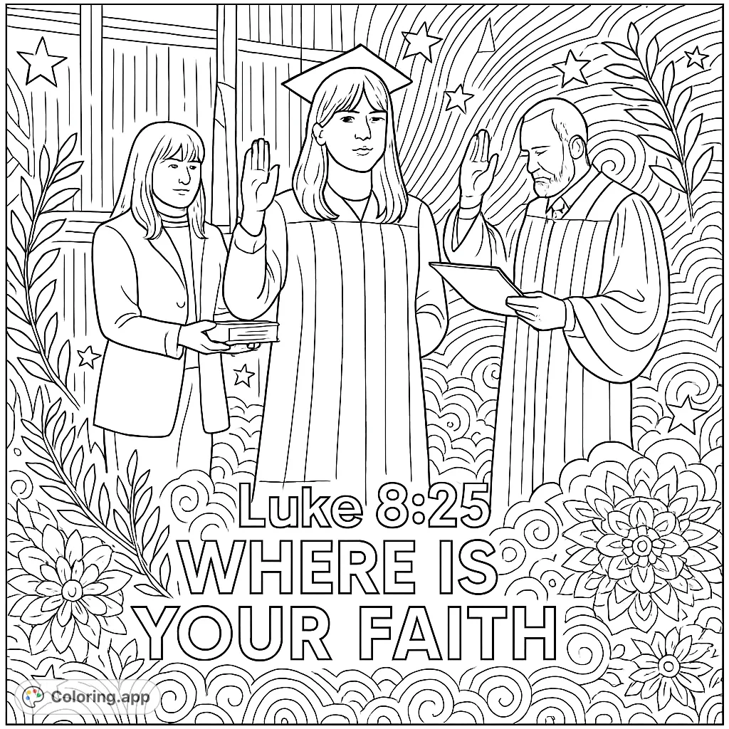 An empowering oath-taking ceremony featuring a graduate, judicial figure, and a book holder, surrounded by intricate mandala patterns and an inspirational scripture.