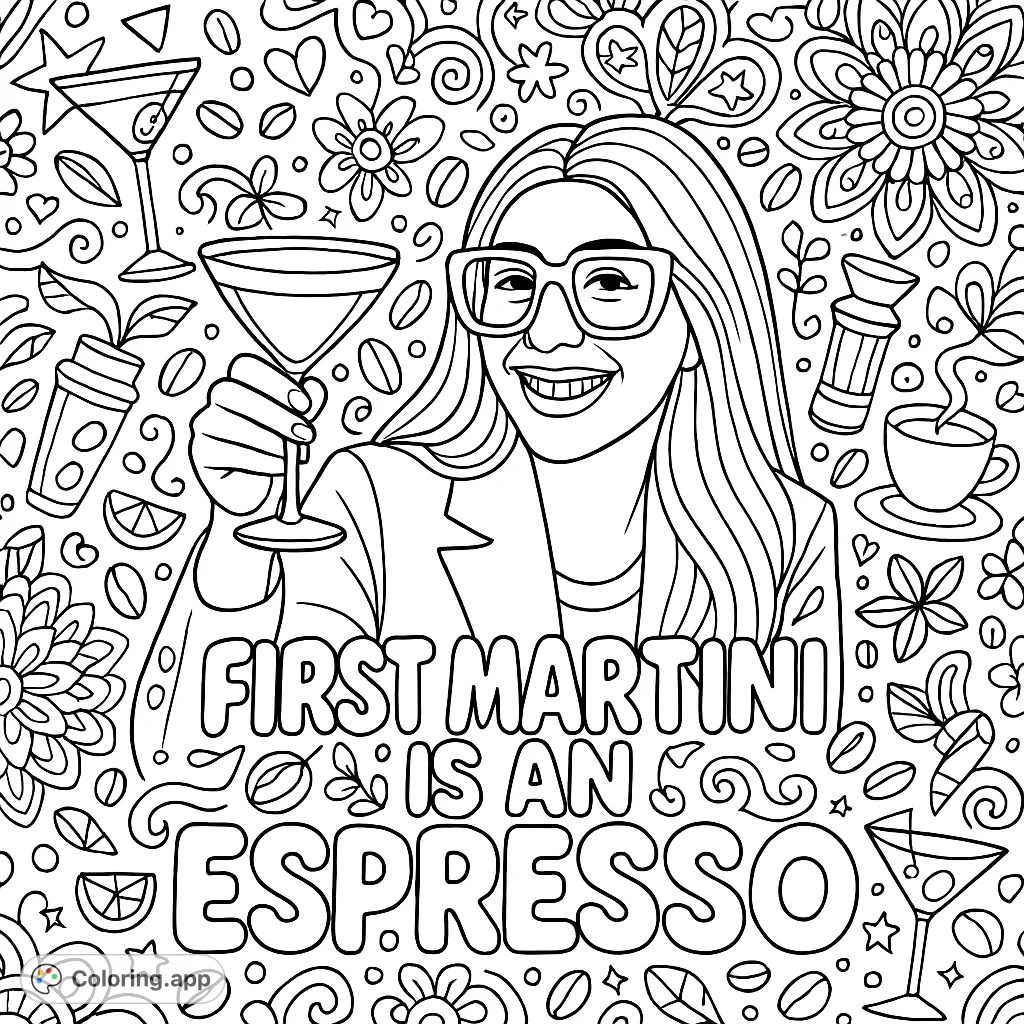 Celebrate with this espresso martini coloring page featuring a woman toasting, 'First Martini is an Espresso' text, and a fun, intricate doodle background.