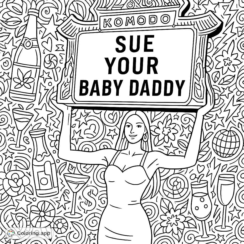 A glamorous bottle girl holds a bold sign amidst a vibrant doodle collage of champagne, stars, and mandalas. Perfect for cheeky adult coloring fun!
