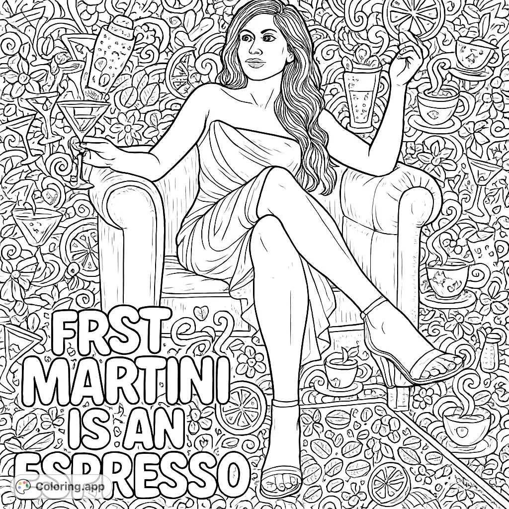 An elegant woman in a draped dress, holding a stemmed glass, surrounded by intricate cocktail and coffee doodles. A glamorous, detailed adult coloring page.