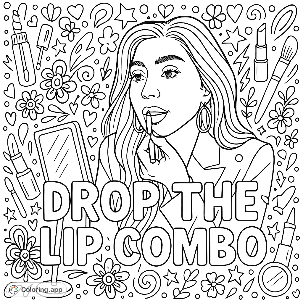 A stylish woman applies lip products, surrounded by empowering text 'DROP THE LIP COMBO' and a dense, glamorous makeup doodle background. Perfect for adults.